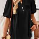 Womens Summer Tops Lantern Short Sleeve V Neck Blouses Dressy Casual Loose Fit Button Down Shirt for Women (Black, XXL)