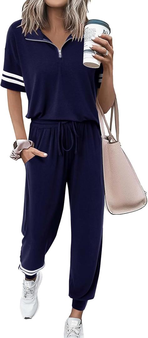 MASCOMODA 2 Piece Outfits for Women 2025 Summer Casual Quarter Zip Short Sleeve Tops Long Pants Tracksuit Jogger Lounge Sets (XX-Large, Navy)