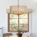 OSAIRUOS Wood Bead Drum Chandelier Boho Farmhouse Beaded Pendant Light Gold | Antique Gold, Bohemian Bead Pendant Light, Drum Shade, Dining Room Bedroom Kitchen Entryway Light Fixture 6-Light W19.7