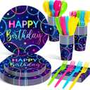 Meanplan Serves 24 Guests Neon Happy Birthday Party Plates and Napkins Neon Glow Birthday Tableware Set Let's Glow Party Decorations for Kids Included Cups Knives Forks Spoons Total 168 Pcs