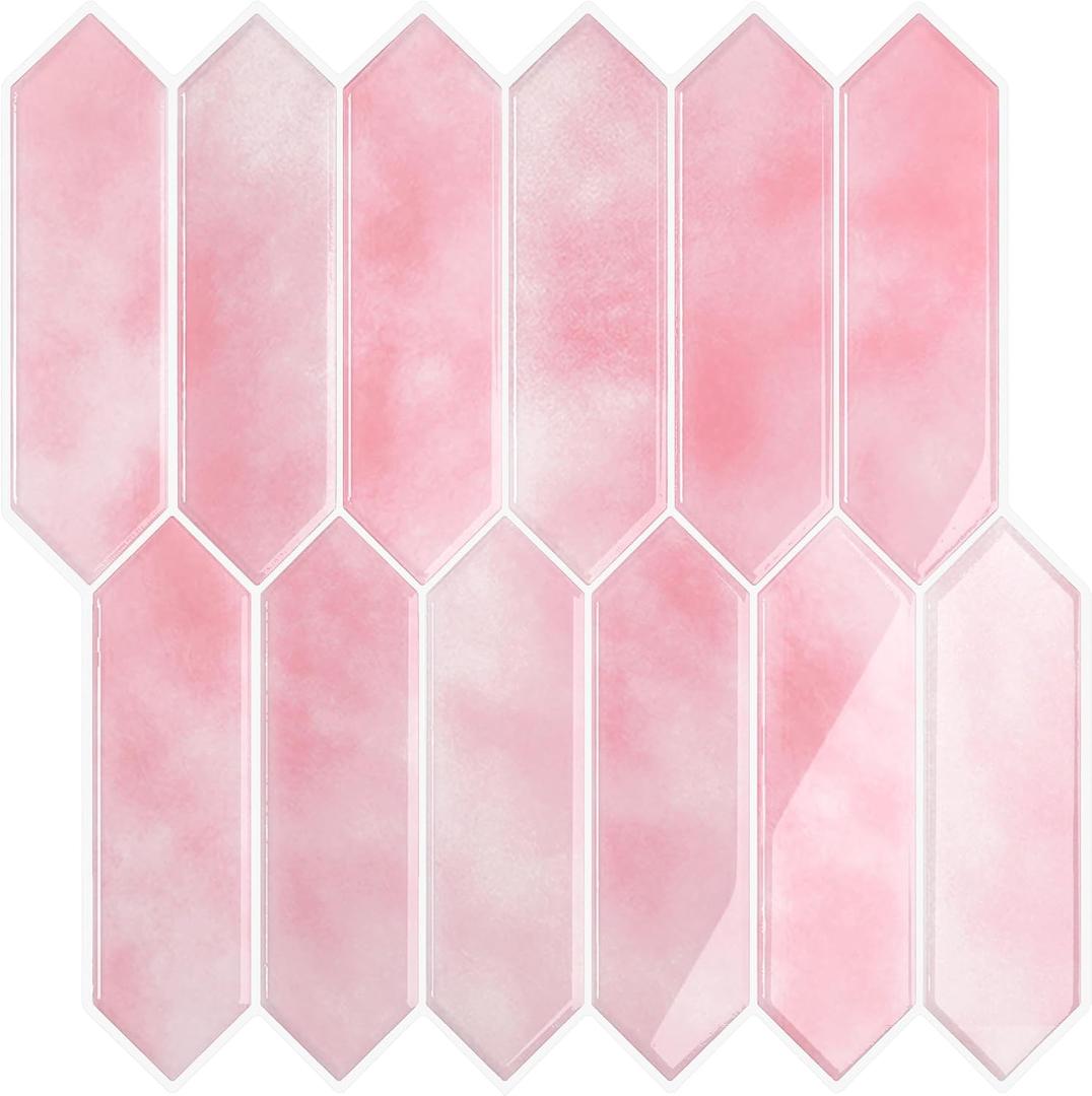 VEELIKE 12 Sheets Pink Peel and Stick Tile Backsplash Long Hexagon Peel and Stick Backsplash for Kitchen Bathroom Powder Room Waterproof Self Adhesive Pink Wall Tile Stickers for Kitchen RV 12''x12''