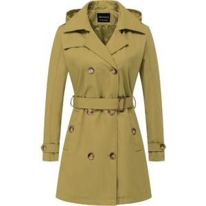 CREATMO US Trench Coat Women's Waterproof Double Breasted Windbreaker Classic Belted Lapel Overcoat with Removable Hood, Olive Yellow, XL