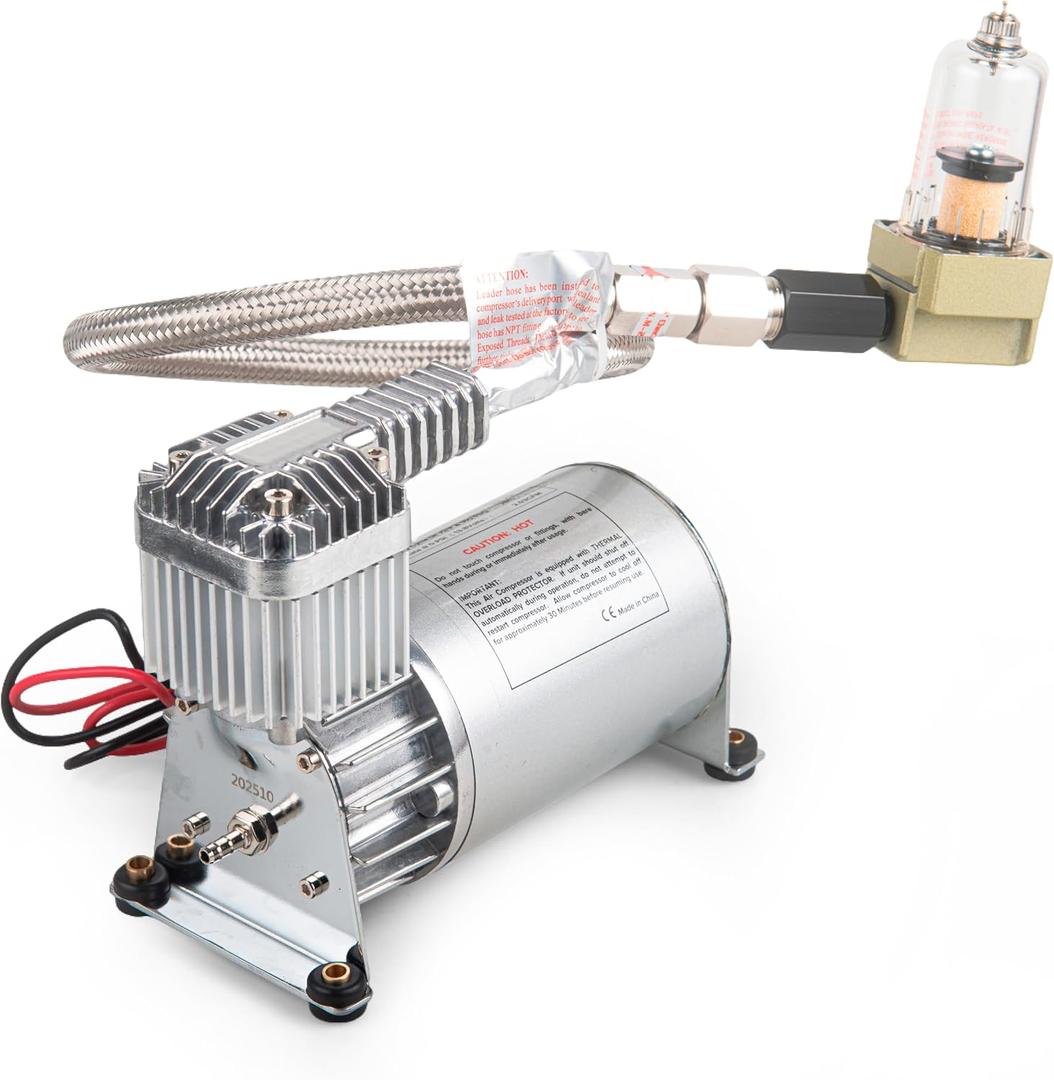 12V 150PSI Air Horn Suspension Compressor Kit 3/8 NPT Silver | Heavy Duty, Mini Onboard, with 1/4 NPT Adapter, for Car Train Truck Horn/Bag/Suspension