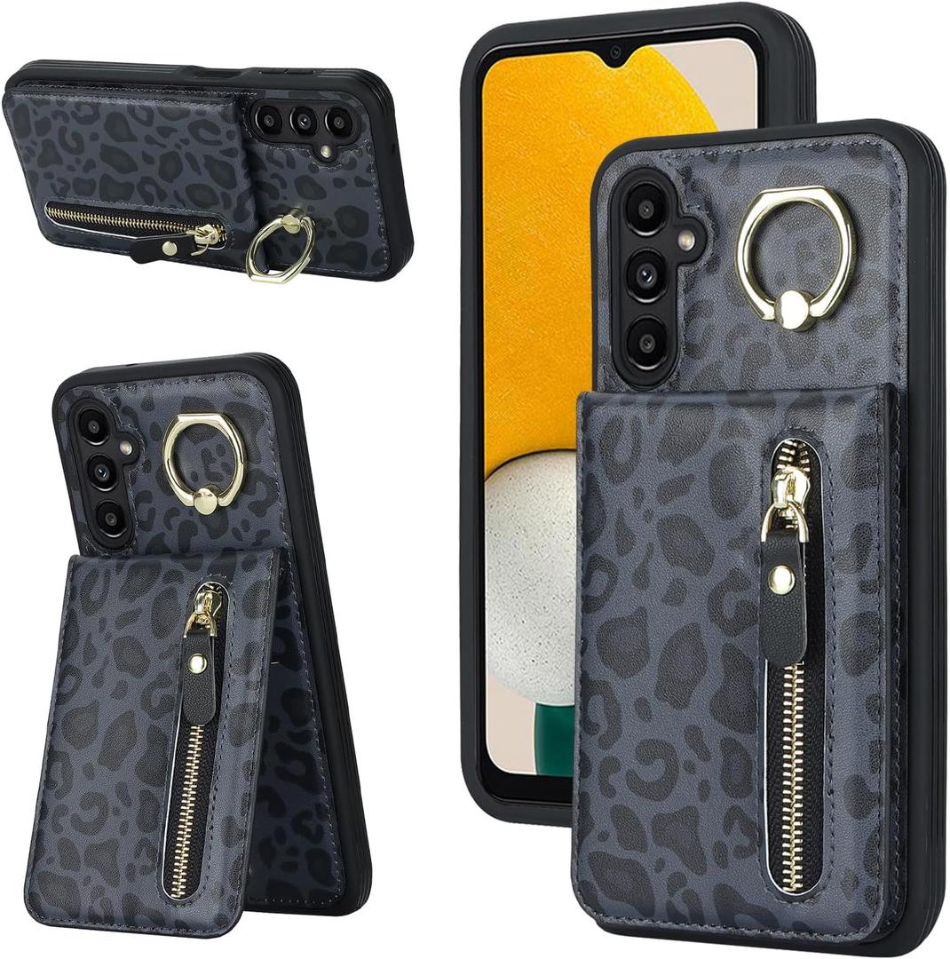 for Samsung Galaxy A13 5G Case with Card Holder for Women, for Samsung Galaxy A13 5G Phone Case Wallet with Credit Card with Ring Kickstand Zipper Slim Stand Case - Black Leopard