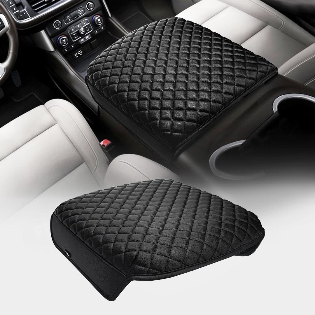 KBH Center Console Armrest Cover for Chevy Chevrolet Silverado & GMC Sierra 2019-2026, Tahoe & Suburban & Yukon 2021-2026, Bucket Seat Only, Vinyl Leather Car Arm Rest Box Cushion Pad Covering, Black