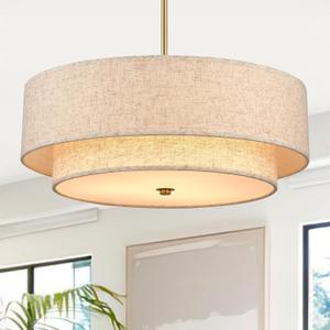 Gold Modern Chandelier 18'' Drum Pendant Light with Fabric Lampshade Hanging Light Fixture 3-Light Farmhouse Chandeliers for Dining Room Bedroom Kitchen Hallway Foyer