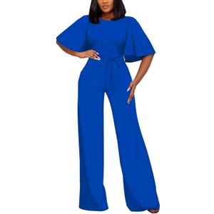 BessCops Womens Loose Short Sleeve Belted Wide Leg Pant Romper Jumpsuit Casual Business One Piece Outfits (Blue, L)