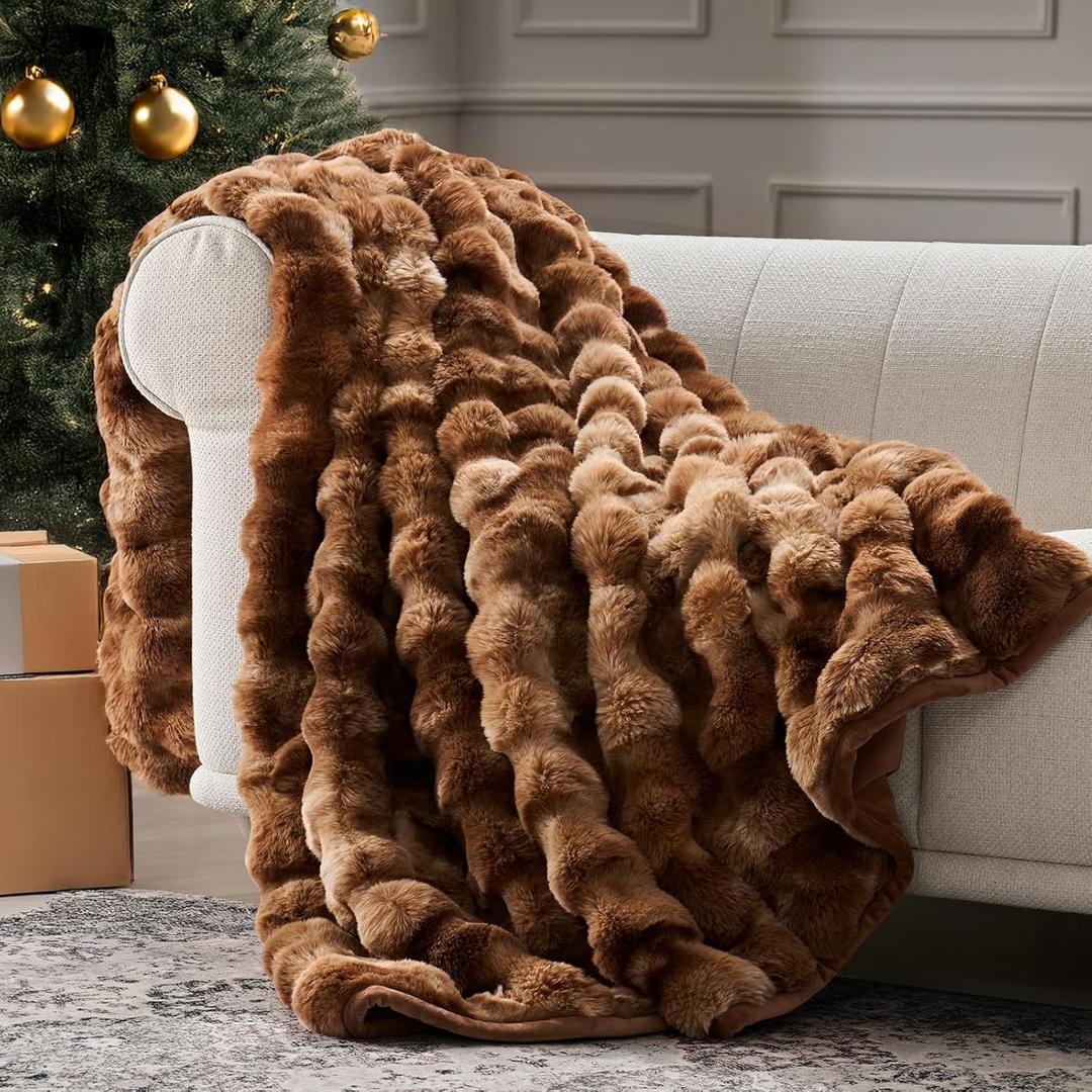 EverGrace Ultra Soft Luxury Fluffy Faux Rabbit Fur Throw Blanket, Thick Warm Bubble Throw for Bed, Cozy Plush Reversible Blankets for Couch, Chair, Sofa, Lion Caramel, 50x60 Inches (Marble Caramel Brown)