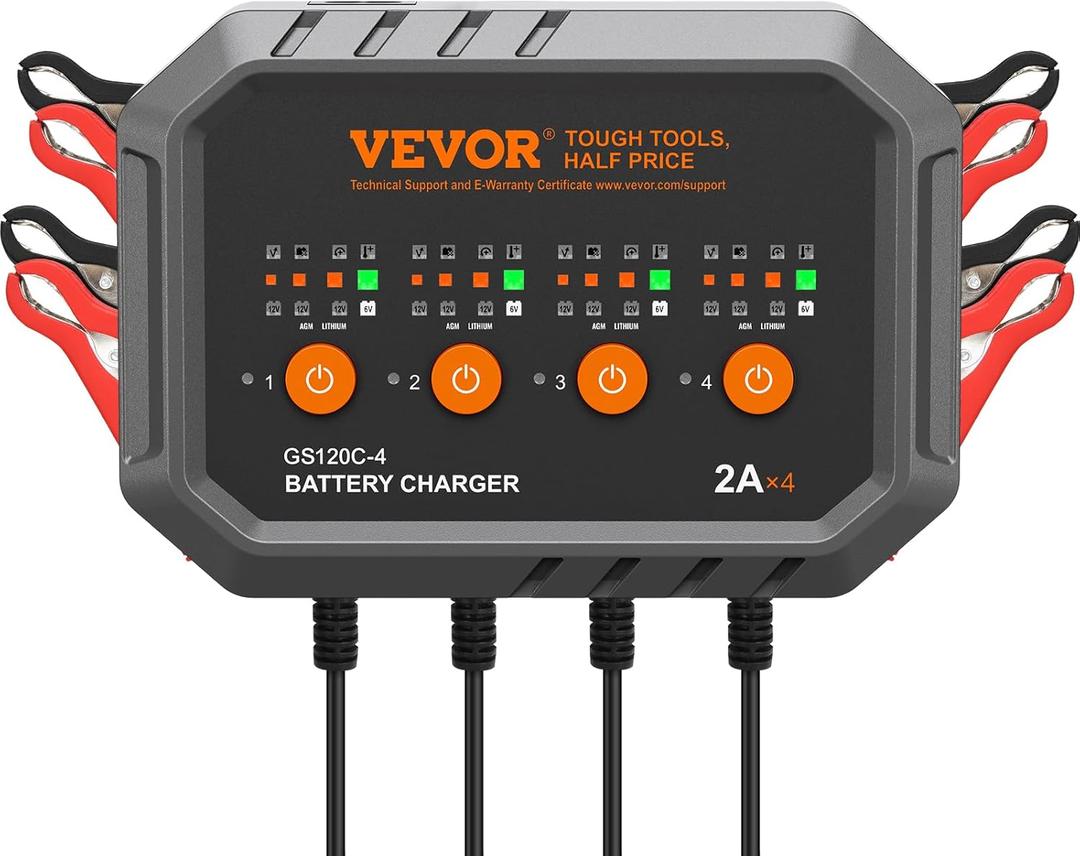 VEVOR Smart Battery Charger, 2A x 4, LiFePO4 Lead-Acid (AGM/Gel/SLA) Car Battery Charger, Fully-Automatic Charger Maintainer for Boat Motorcycle Lawn Mower Golf Cart Marine Deep Cycle
