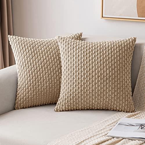 MIULEE Pack of 1 Decorative Throw Pillow Covers 18x18 Inch Soft Boho Striped Textured Corduroy Pillow Covers Modern Farmhouse Home Decor for Couch Bed Sofa Living Room Neutral Tan