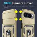 Janmitta Case Compatible with Google Pixel 9 Pro XL Built in Slide Camera Lens Cover+Screen Protector+Finger Ring Holder Kickstand,Heavy Duty Shockproof Full Body Protective Phone Cover,Gold