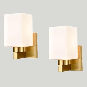 2-Pack Brass Wall Sconce Light Fixtures Modern Bathroom Vanity Light w/Milky White Glass Shade