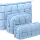3 Pcs Puffy Makeup Bag Quilted Cosmetic Pouch for Women Cute Checkered Travel Toiletry Bag Puffer Makeup Organizer Purse Pouch Preppy Pencil Case with Zipper (Blue)