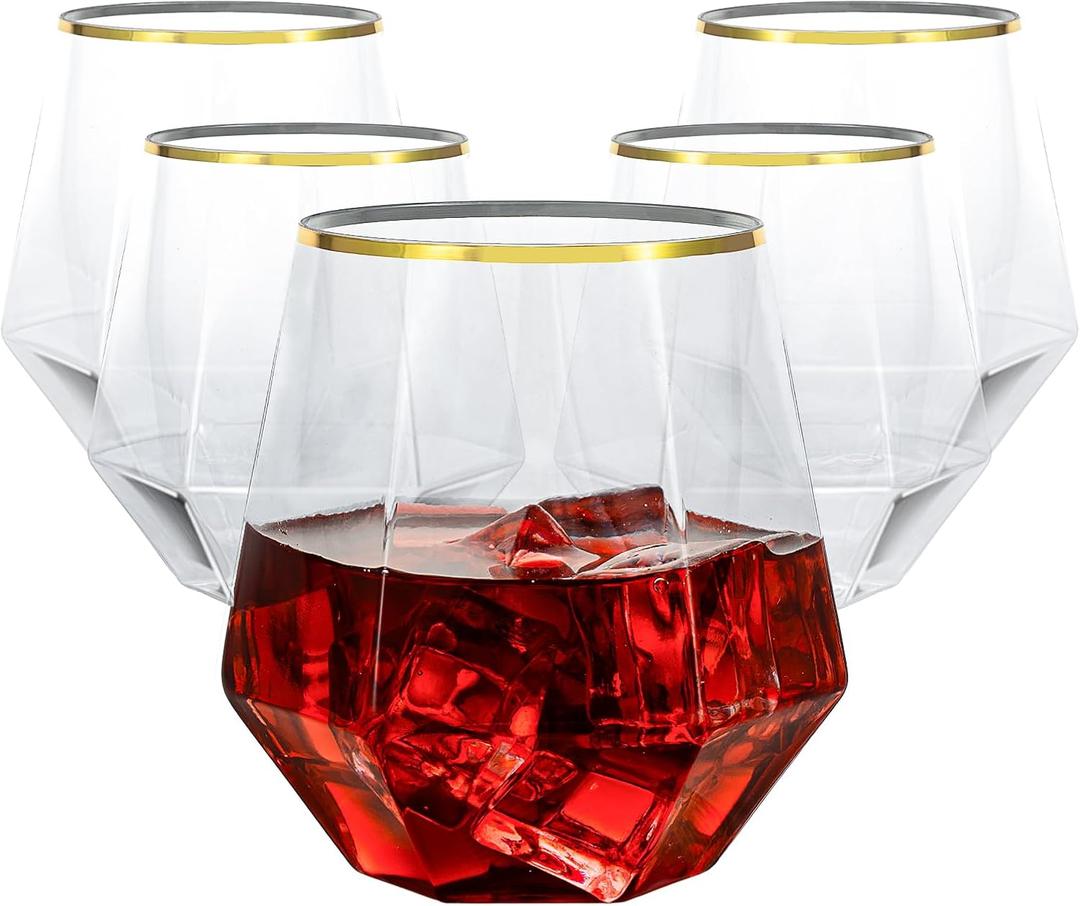 Goodluck 80 PCS Diamond Stemless Plastic Wine Whiskey Glasses, 12 Oz Disposable Cocktail Glasses, Suitable for Weddings, Birthday Parties, Family Gatherings, Bars, etc Gold rimmed cups