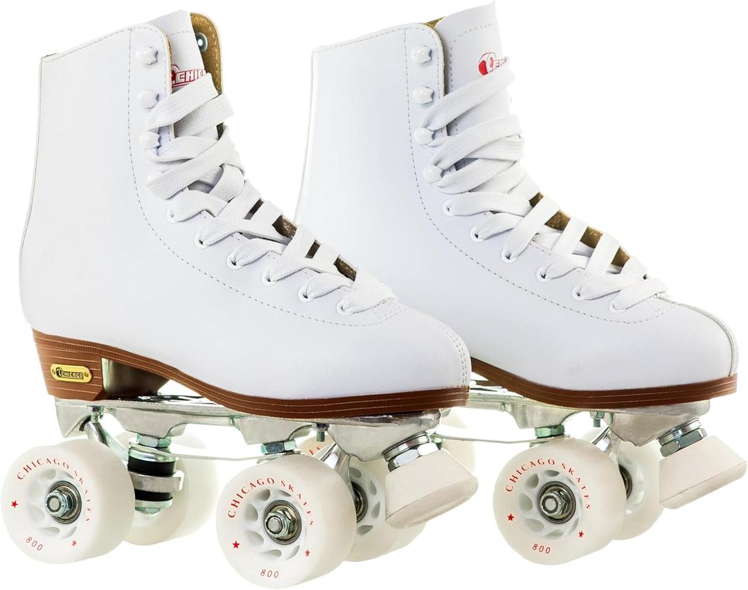 Chicago Skates Women's and Girl's Premium Leather Lined Rink Roller Skate - Classic White Quad Skates (Women Size 9, White)