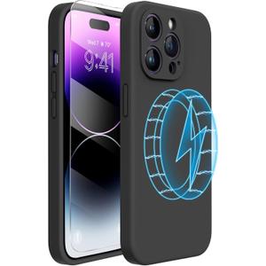 Miracase Magnetic Case Designed for iPhone 14 Pro Max Phone Case with Screen Protector,[Upgraded Enhanced Camera Protection],Shockproof Liquid Silicone Case 6.7 inch, Black Magnetic