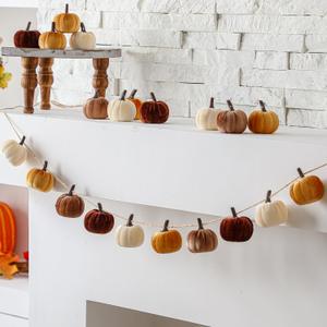8.2 ft Fall Pumpkins Garland Halloween Faux Harvest Pumpkin Banner Thanksgiving Colorful Pre Assembled Hanging Garland for Autumn Farmhouse Home Decor(Brown Series,Velvet,Classic)