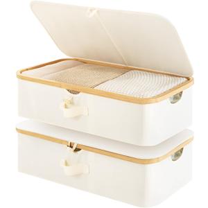 StorageWorks Underbed Storage Containers with Lids, 2-Pack 7" Low Profile Under Bed Storage Box with Bamboo Frame for Clothes, Bedding, Blankets and Shoes, 42L Sturdy Fabric Organizer, Beige