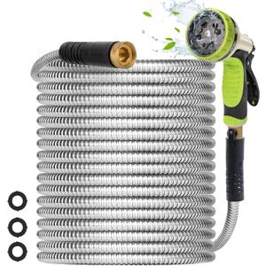 Metal Garden Hose 100FT - Heavy Duty Stainless Steel Metal Water Hose With 10 Function Nozzle, Lightweight, No Kink, Durable and Leak Proof Flexible Garden Hose for Yard, Outdoor