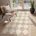 Beeiva Checkered Print 3x5 Washable Area Rug for Bedroom, Non Slip Ultra Thin Beige Entryway Rug Non Shedding Kitchen Rug 3x5, Modern Checkerboard Carpet Plaid Decor for Bathroom Office Nursery