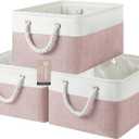 Large Storage Baskets- 15.7x11.8x8.26 inch Storage Bins for Shelves and Closet Organizing, Foldable Fabric Bin for Home Organization Clothes and Laundry (3-Pack, White&Pink)