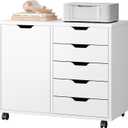 DUMOS 5 Drawer File Cabinet Office Drawers Organizer with Wheels Rolliing, Under Desk Cabinets with Shelves and Door Printer Stand with Wood Board Metal Frame for Home Office Storage Craft Room, White, 30.7 25.2 15.7
