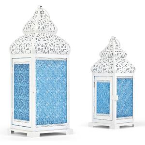 CVHOMEDECO. Decorative Candle Lantern Moroccan Lanterns Rustic White Metal Lantern Holder for Home Patio Outdoor Decor. Blue Glass, Set of 2