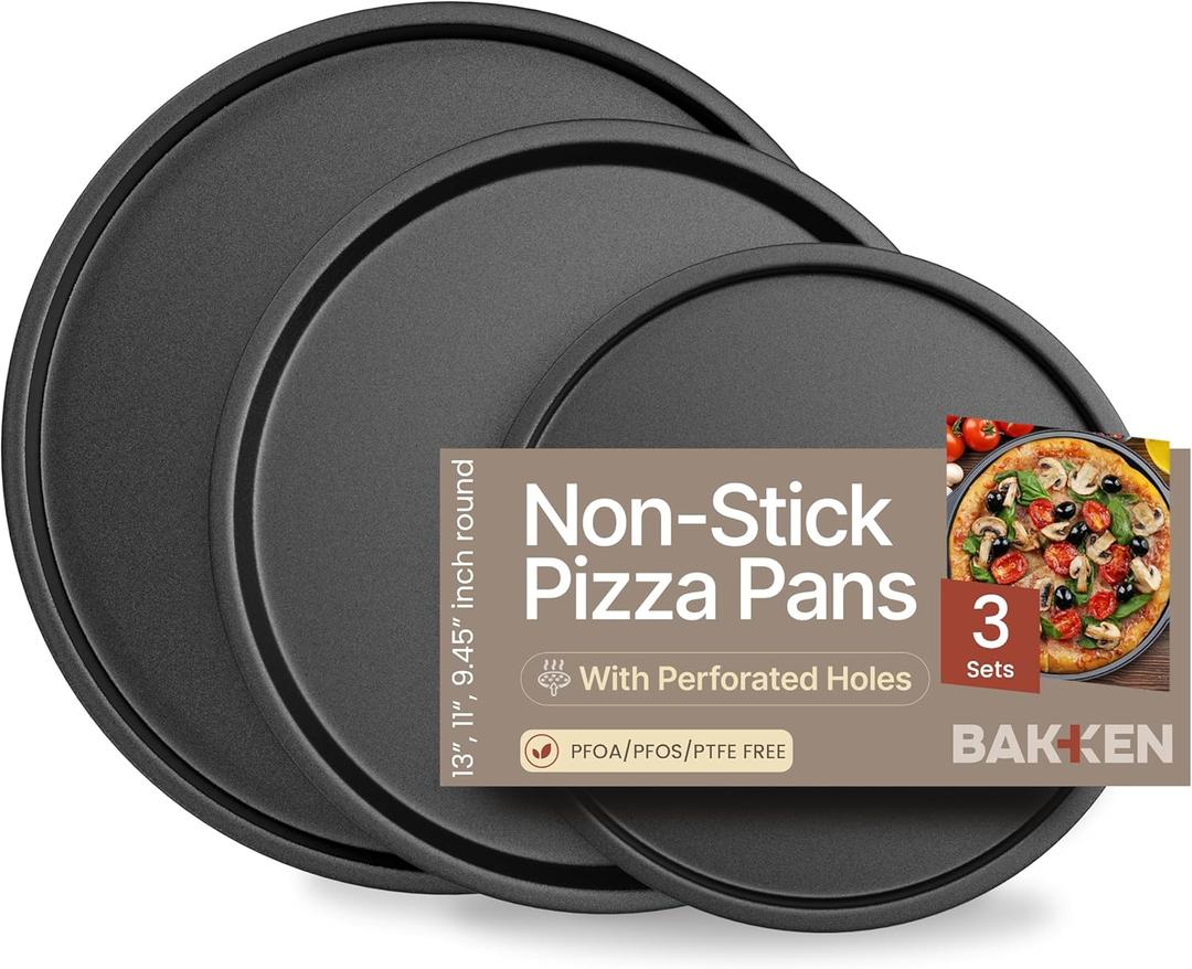 BAKKENMASTER Bakken Swiss Pizza Tray Set 3-Piece  Gray Coating, Non-Stick, Round Steel Pizza Pans - Dishwasher Safe, Premium Bakeware for Home Cooking