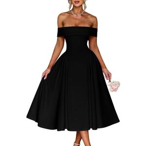 YMDUCH Women's Elegant Off Shoulder Short Sleeve A line Flowy Swing Cocktail Party Long Dress