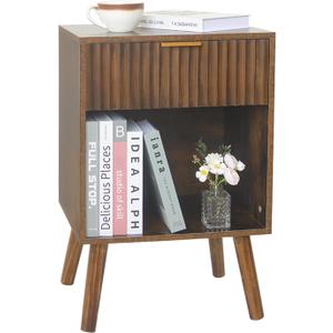 Mid Century Modern Nightstand, Wood Bedside Table with Drawer and Opening Storage, End Table Living Room Fluted Night Stand with Solid Wood Legs for Bedroom (Rustic Brown)