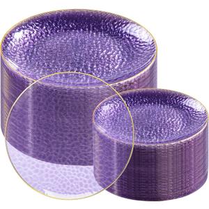 Rubtlamp 100Pcs Purple Gold Plastic Plates, Purple Disposable Plates With Gold Rim, Hammered Plastic plates Include 50 Clear Dessert Platos, 50 Dinner Platos for Party