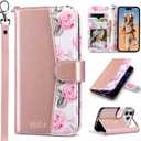 ULAK Compatible with iPhone 17 Pro Wallet Case with Card Holder, PU Leather Case with Kickstand Card Slots Wrist Strap, Durable Shockproof Protective Cover 6.3 Inch, Rose Pink Floral