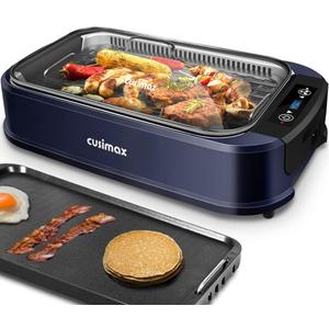Electric Indoor Grill Griddle, CUSIMAX Smokeless Grill, Portable Korean BBQ with Turbo Smoke Extractor Technology, Non-stick Removable Plate & Griddle Plates (Blue Double Plates)
