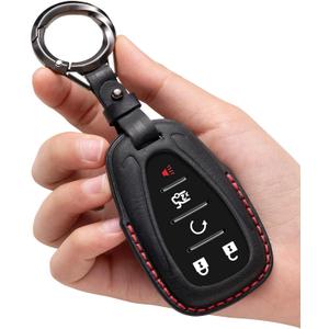 for Chevy Key Fob Cover Leather Car Remote Case Holder Keychain Compatible for Malibu Camaro Cruze Trailblazer Traverse Spark Equinox Sonic Volt Bolt -Black