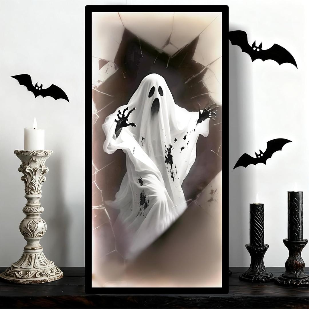 2025 Halloween Hologram Ghost Mirror, Spooky Haunted Halloween Mirror, LED Ghost Decor for Indoor Halloween Decorations, Wall Fireplace Bedroom Party Supplies (Large 19.7 x 9.5 in)