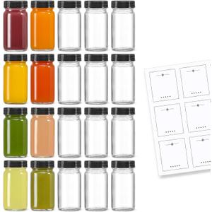 20 PACK 2 oz Glass Shot Bottles w/ Black Lids & 20 Labels - Small Clear Jar for Ginger, Wellness Shot, Juice, Sample, Whiskey - Travel Essentials Mini Bottles - Wide Mouth, Leakproof, Dishwasher Safe