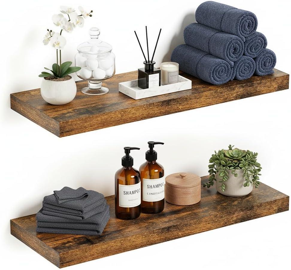 Vivelove Floating Shelves for Wall, 24 inch Wall Shelves for Bathroom Bedroom, Living Room, Kitchen, Office, Rustic Farmhouse Shelf Decor with Invisible Bracket, 24x9x1.6, Set of 2, Rustic Brown, 24Wx9.1Dx1.6H