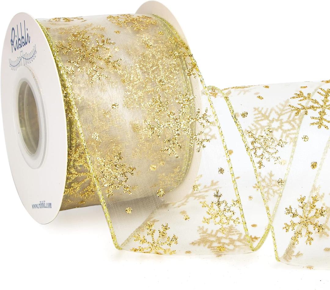 Ribbli Snowflake Glitter Wired Ribbon, Ivory Organza Sheer with Gold Glitter Snowflake Pattern and Iridescent Metallic Edge,2-1/2 Inch x 10Yards Christmas Ribbon for Tree Decoration
