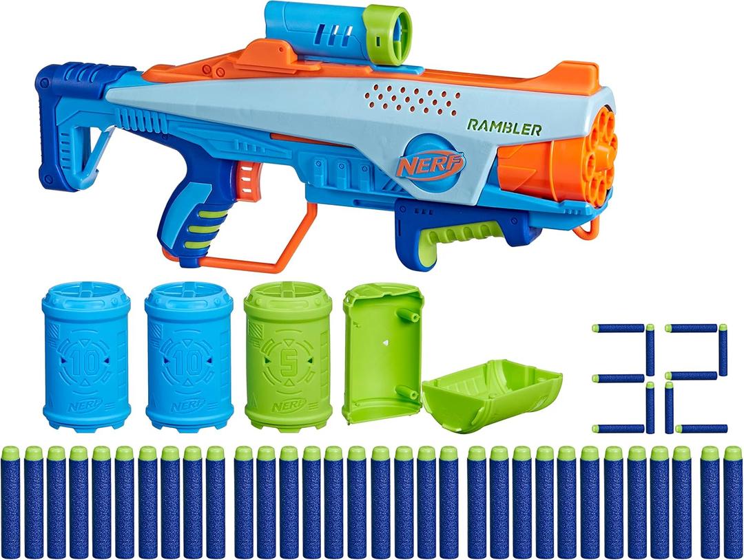Elite Junior Rookie Pack, Easy Play Toy Foam Blaster, 32 Nerf Elite Darts, 4 Targets, Nerf Blasters for Kids Outdoor Games, Ages 6 & Up 
