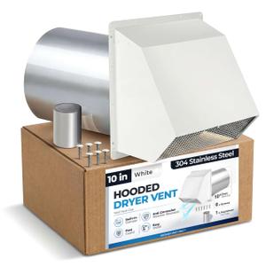 10" White Dryer Vent Cover - 304 Stainless Steel Wall Cap, Screen and Damper