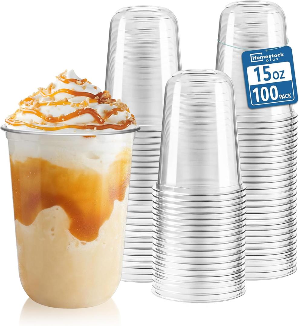 Homestockplus 15 oz Clear PET Plastic Cups 100 Pack - U-Shaped Disposable Open-Top Plastic Cups, Crystal Clear Ice Coffee Cups To Go for Iced Coffee, Smoothies, Bubble Tea & Outdoor Gatherings