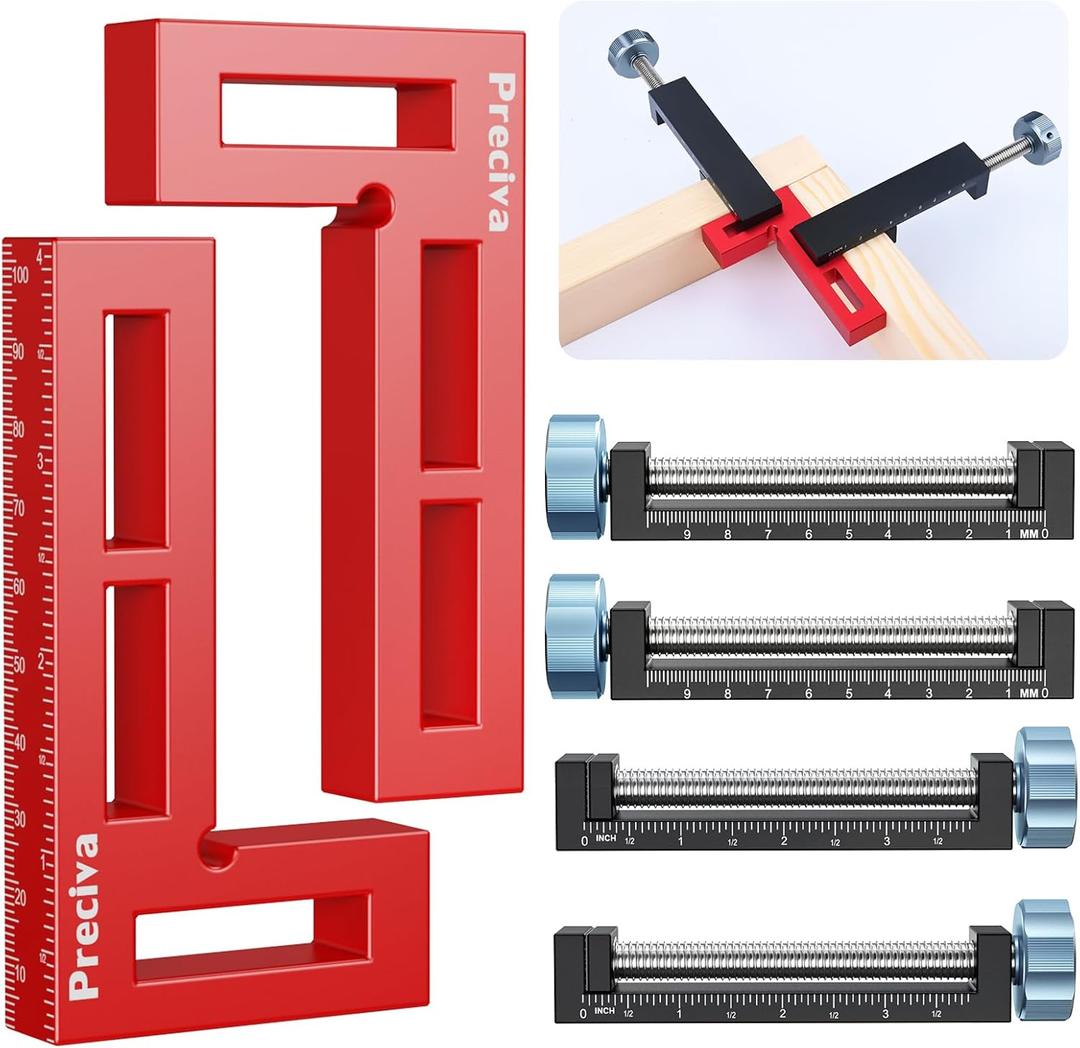 Preciva Corner Clamps for Woodworking, 90 Degree Positioning Squares with 4 C-Clamps, High-Strength Aluminum Alloy for Perfect Right Angle on Cabinets, Frames, Drawers (red-1)