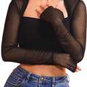 JAKAWIN Womens Mesh Bolero Shrug See Through Crop Tops Long Sleeve Black Sheer Blouse Top (Small)