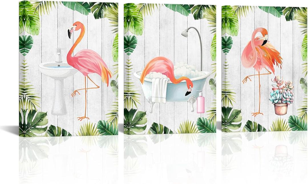 Biuteawal 3 Piece Flamingo Wall Art Bathroom Picture Decor Palm Leaves Green Tropical Plant Prints Framed Posters Artwok Home Kids Rooms Decoration