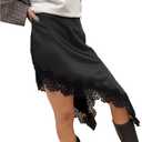 Women Y2k Fairy Asymmetrical Hem Lace Trim Midi Skirt Coquette Flowy A Line Half Slip Skirt Silky Satin Underskirt (Black, M)
