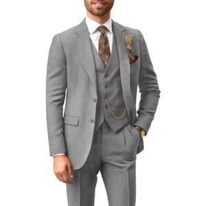Men's 3 Piece Tweed Suit Retro Herringbone Lapel Blazer Vest Pants Set for Wedding Business (Large, Light Grey)