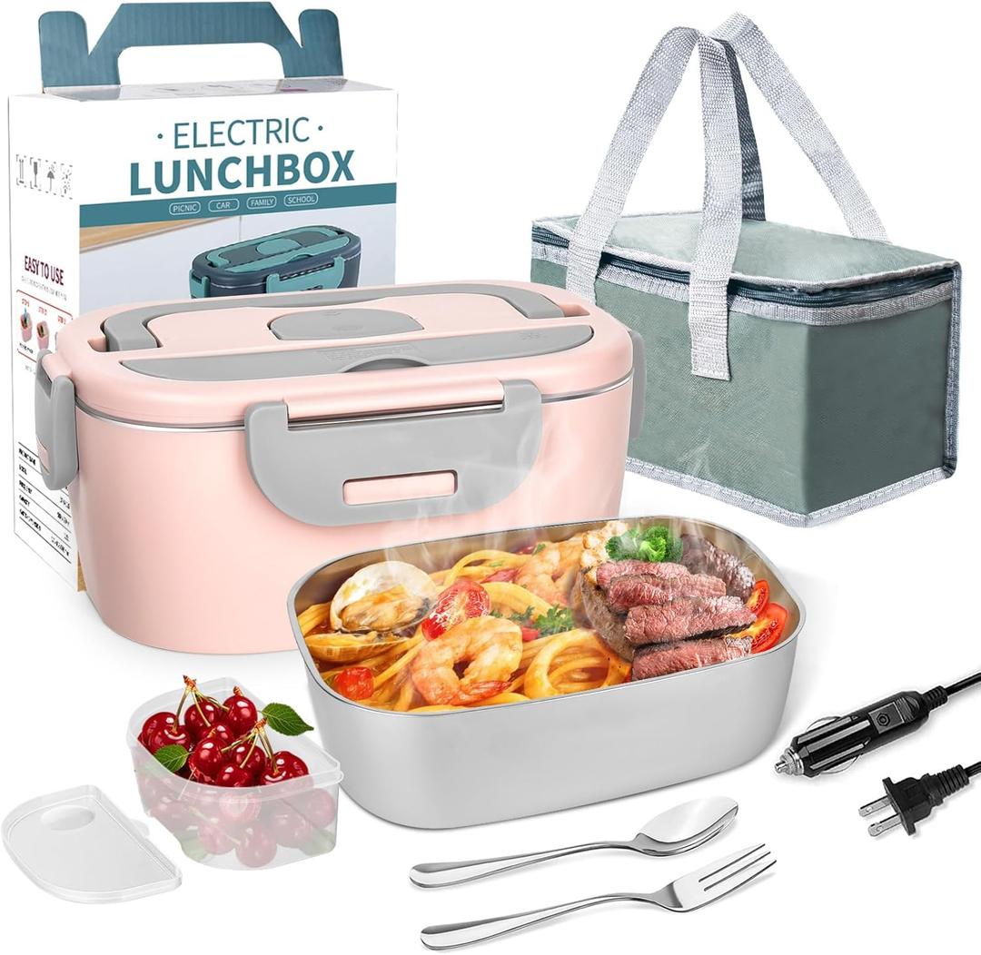 LAVAED Heated Lunch Box Electric for Adults Women - Portable Food Warmer 80W Fast Heating 1.5L Lonchera Electrica With All Accessories for Car/Truck/Office 12/24/110V, Leakproof, BPA Free, Pink