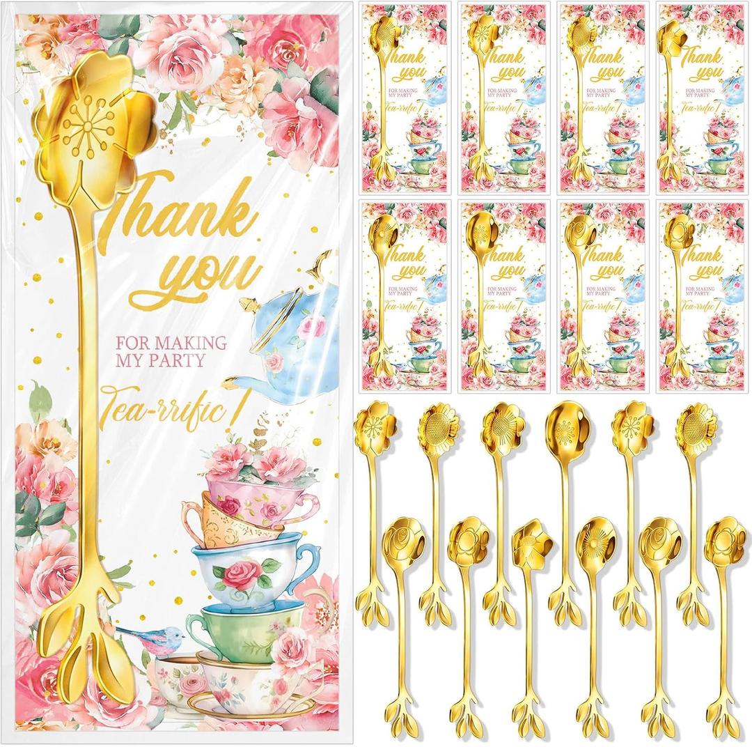 24 Set Tea Spoon Party Favors Gold Tea Spoons Bulk 8 Style Flower Teaspoons with Thank You Cards Gift Bags Stainless Steel Dessert Coffee Spoons Stir Bar for Bridal Shower Guest Souvenir Gift