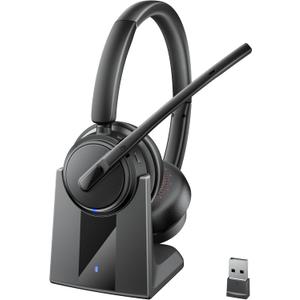 Mopchnic Wireless Headset with Noise Cancelling Microphone, On-Ear Bluetooth Headset with USB Dongle, Mute Function & Charging Base, Wireless Headphones for Work from Home and Call Center (Black)