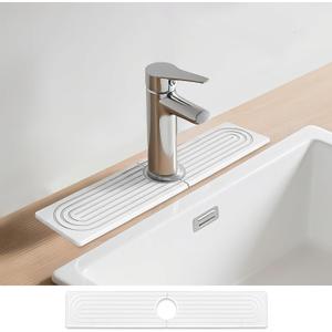 15.8"x3.9" Stone Faucet Mat for Kitchen Sink, Diatomite Quick Dry Kitchen Sink Splash Guard Water Absorbent Drying Mat, Drying Stone Sink Tray for Bathroom Counter, White